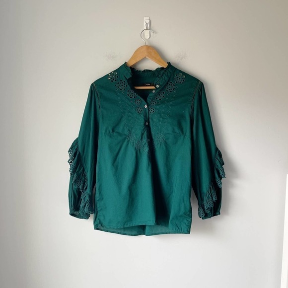 J. Crew Women's Dark Spruce Ruffle Sleeve Embroidered Eyelet Blouse Size S - Picture 2 of 5